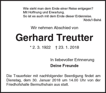 Traueranzeige von Gerhard Treutter von VRM Trauer