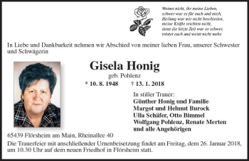 Traueranzeige von Gisela Honig von Trauerportal Rhein Main Presse