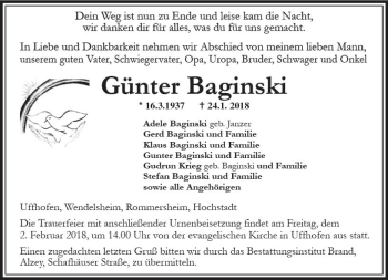 Traueranzeige von Günter Baginski von Trauerportal Rhein Main Presse