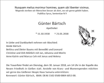 Traueranzeige von Günter Bärtsch von  Gießener Anzeiger