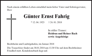 Traueranzeige von Günter Ernst Fahrig von Trauerportal Rhein Main Presse