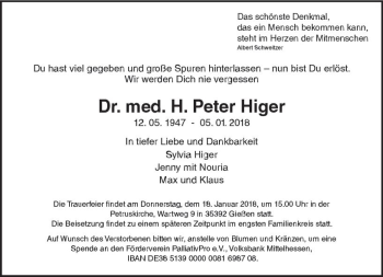 Traueranzeige von H. Peter Higer von  Gießener Anzeiger