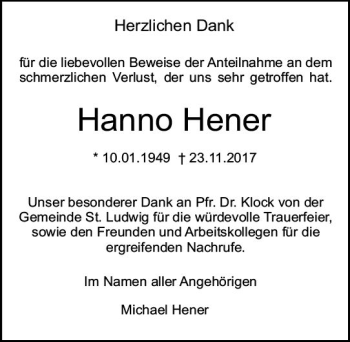 Traueranzeige von Hanno Hener von Trauerportal Rhein Main Presse