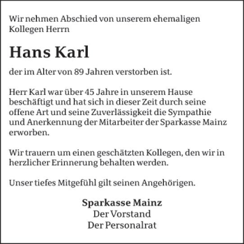 Traueranzeige von Hans Karl von Trauerportal Rhein Main Presse