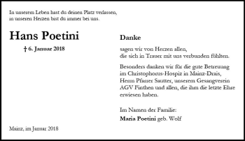 Traueranzeige von Hans Poetini von Trauerportal Rhein Main Presse