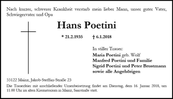 Traueranzeige von Hans Poetini von Trauerportal Rhein Main Presse