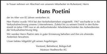 Traueranzeige von Hans Poetini von Trauerportal Rhein Main Presse