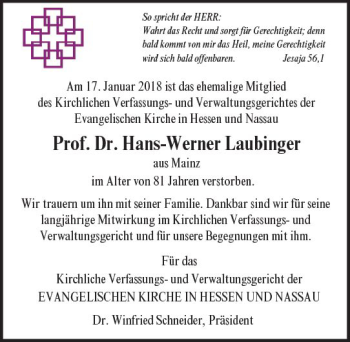 Traueranzeige von Hans-Werner Laubinger von Trauerportal Rhein Main Presse