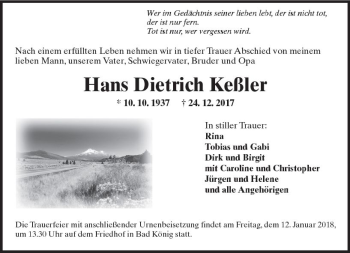 Traueranzeige von Hans Dietrich Keßler von Trauerportal Rhein Main Presse