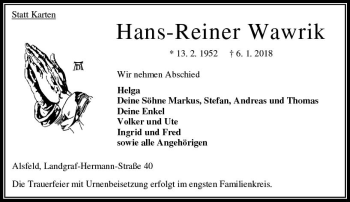 Traueranzeige von Hans Reiner Wawrik von VRM Trauer