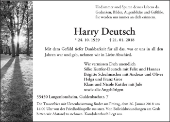 Traueranzeige von Harry Deutsch von Trauerportal Rhein Main Presse