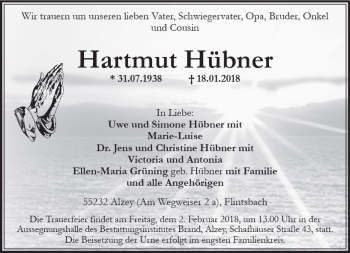 Traueranzeige von Hartmut Hübner von Trauerportal Rhein Main Presse