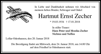Traueranzeige von Hartmut Ernst Zecher von  Gießener Anzeiger