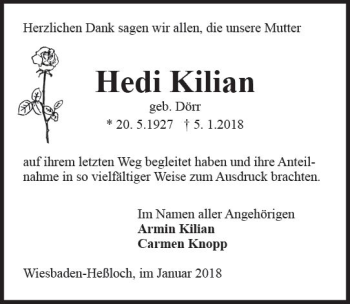 Traueranzeige von Hedi Kilian von Trauerportal Rhein Main Presse