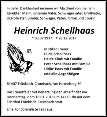 Traueranzeige von Heinrich Schellhaas von Trauerportal Rhein Main Presse