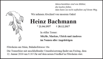 Traueranzeige von Heinz Bachmann von Trauerportal Rhein Main Presse