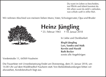 Traueranzeige von Heinz Jüngling von Trauerportal Rhein Main Presse