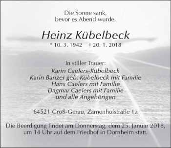 Traueranzeige von Heinz Kübelbeck von Trauerportal Rhein Main Presse