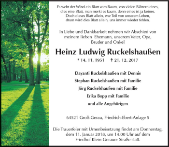 Traueranzeige von Heinz Ludwig Ruckelshaußen von Trauerportal Rhein Main Presse