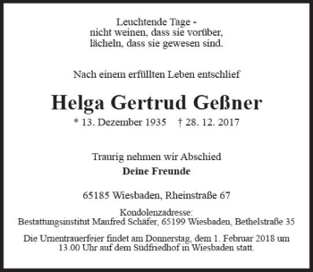 Traueranzeige von Helga Gertrud Geßner von Trauerportal Rhein Main Presse