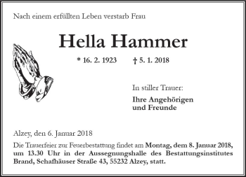 Traueranzeige von Hella Hammer von Trauerportal Rhein Main Presse