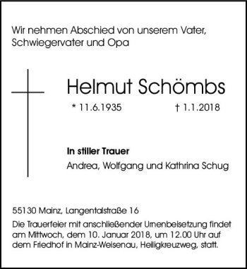 Traueranzeige von Helmut Schömbs von Trauerportal Rhein Main Presse