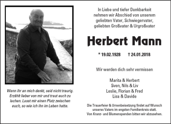 Traueranzeige von Herbert Mann von  Kreisanzeiger