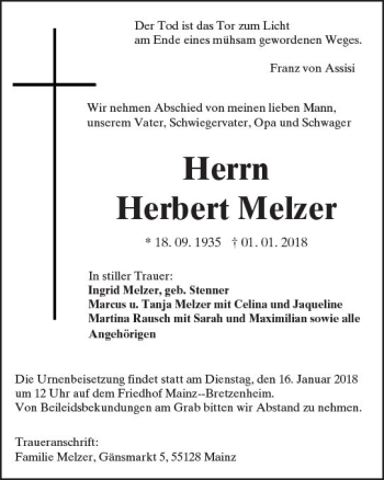Traueranzeige von Herbert Melzer von Trauerportal Rhein Main Presse