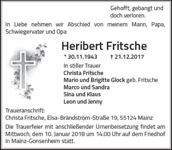Traueranzeige von Heribert Fritsche von Trauerportal Rhein Main Presse