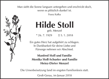 Traueranzeige von Hilde Stoll von Trauerportal Rhein Main Presse