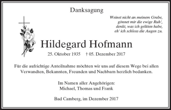Traueranzeige von Hildegard Hofmann von  Camberger Anzeiger