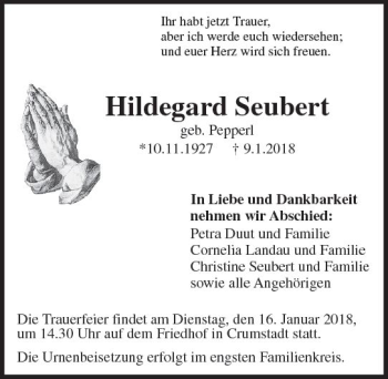 Traueranzeige von Hildegard Seubert von Trauerportal Rhein Main Presse