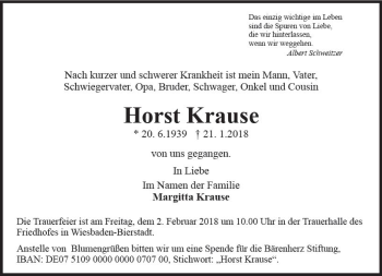 Traueranzeige von Horst Krause von Trauerportal Rhein Main Presse