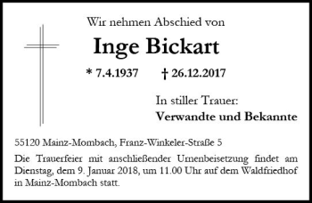 Traueranzeige von Inge Bickart von Trauerportal Rhein Main Presse
