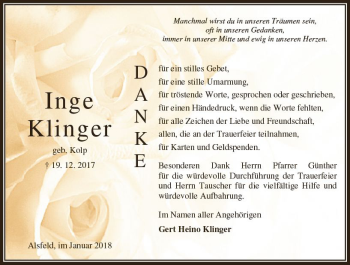 Traueranzeige von Inge Klinger von VRM Trauer