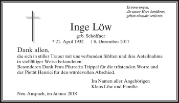 Traueranzeige von Inge Löw von  Usinger Anzeiger