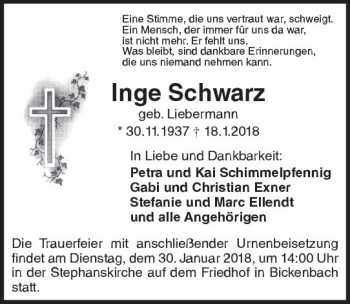 Traueranzeige von Inge Schwarz von Trauerportal Rhein Main Presse