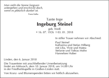Traueranzeige von Ingeburg Steinel von  Gießener Anzeiger