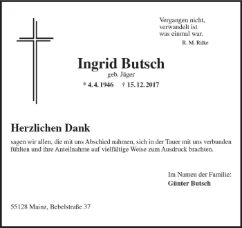 Traueranzeige von Ingrid Butsch von Trauerportal Rhein Main Presse