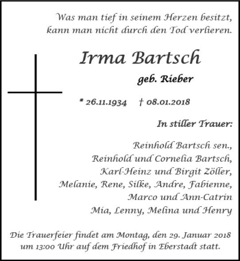 Traueranzeige von Irma Bartsch von Trauerportal Rhein Main Presse