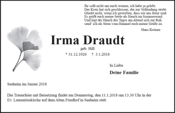 Traueranzeige von Irma Draudt von Trauerportal Rhein Main Presse