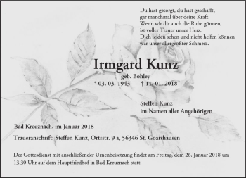 Traueranzeige von Irmgard Kunz von Trauerportal Rhein Main Presse