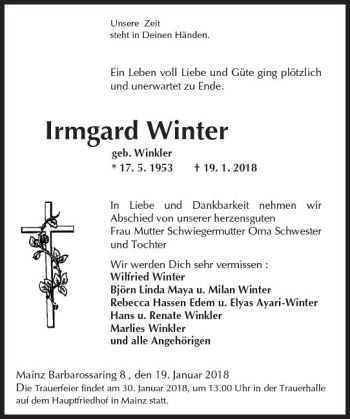 Traueranzeige von Irmgard Winter von Trauerportal Rhein Main Presse