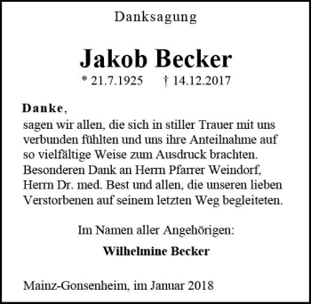 Traueranzeige von Jakob Becker von Trauerportal Rhein Main Presse