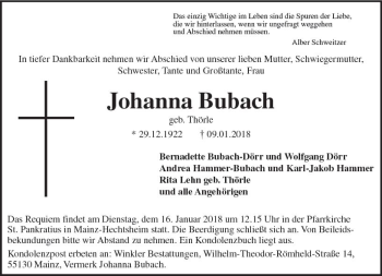 Traueranzeige von Johanna Bubach von Trauerportal Rhein Main Presse