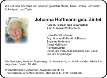 Traueranzeige von Johanna Hoffmann von Trauerportal Rhein Main Presse