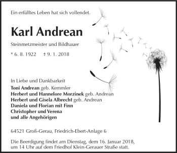 Traueranzeige von Karl Andrean von Trauerportal Rhein Main Presse
