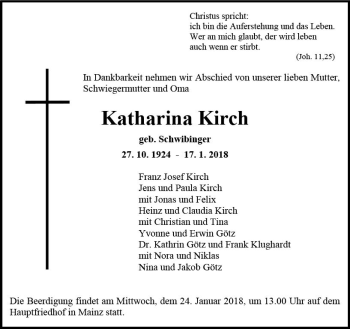 Traueranzeige von Katharina Kirch von Trauerportal Rhein Main Presse