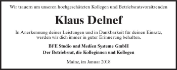 Traueranzeige von Klaus Delnef von Trauerportal Rhein Main Presse