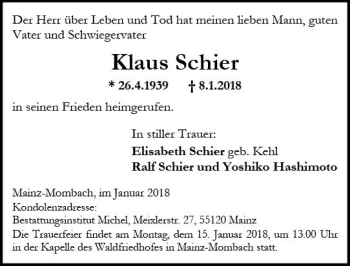 Traueranzeige von Klaus Schier von Trauerportal Rhein Main Presse